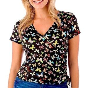 DEREK HEART Butterfly Print Faux Wrap V-Neck Top + Side Ruching